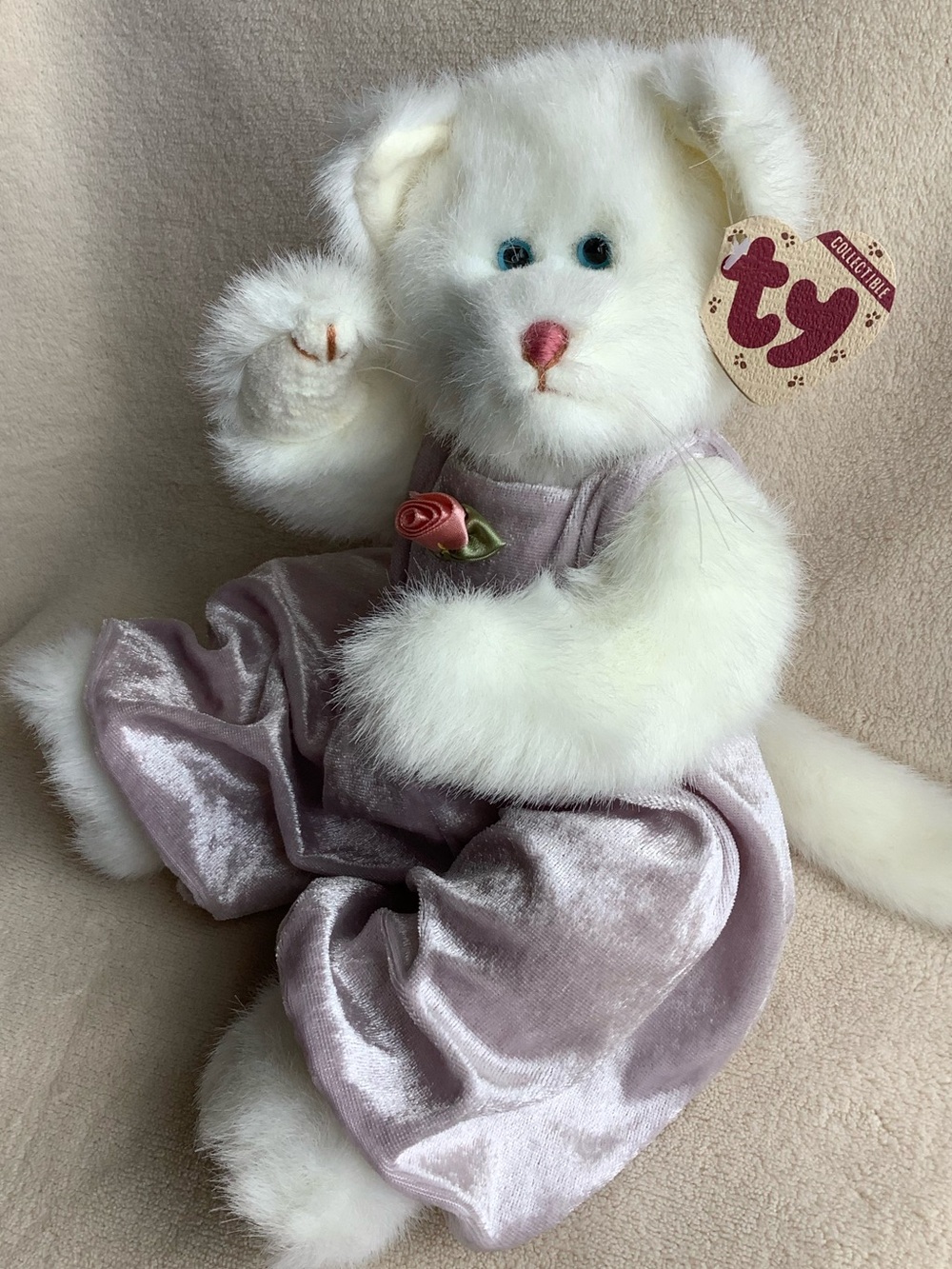 Vintage Ty Attic Treasures Amethyst Plush Cat Jointed Stuffed Animal Toy w Tags